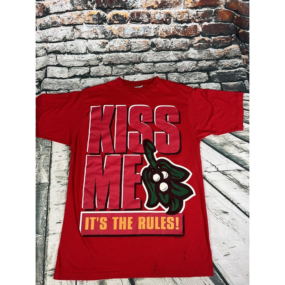 Vtg Christmas‎ Kiss Me It's The Rules Mistletoe Red Shirt M